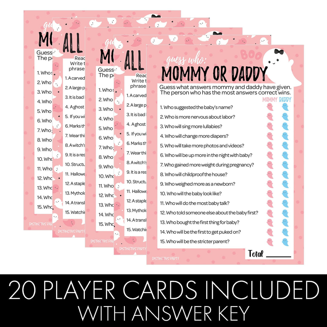 Little Boo: Pink - Baby Shower Game - Fall "Guess Who" Mommy or Daddy and All Things Halloween - Two Game Bundle - 20 Dual Sided Cards - Distinctivs Party
