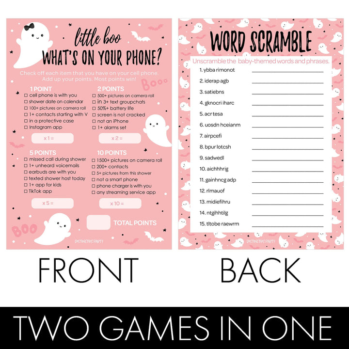 Little Boo: Pink - Baby Shower Game - Fall What's On Your Phone and Word Scramble - Two Game Bundle -  20 Dual Sided Cards - Distinctivs Party