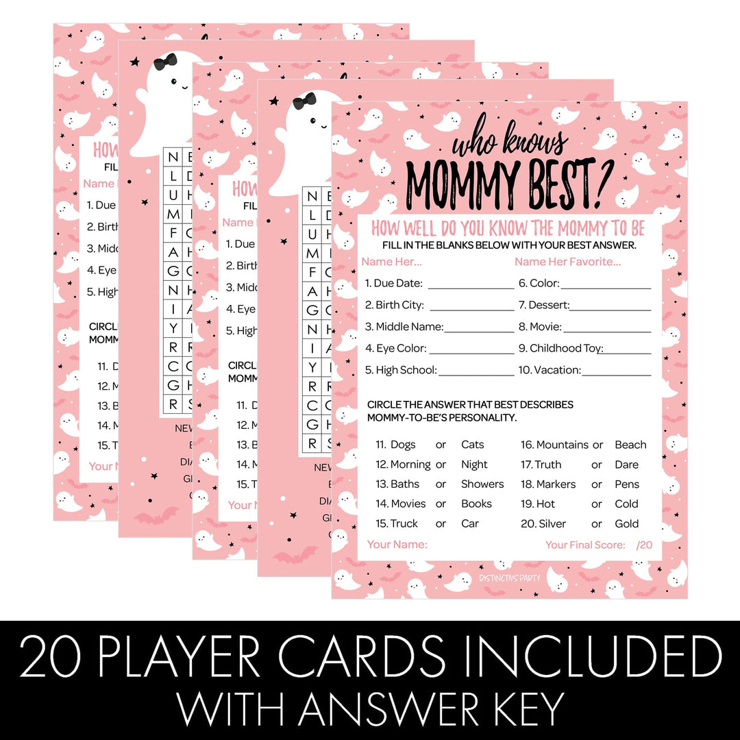 Little Boo: Pink - Baby Shower Game  - Fall Word Search and Who Knows Mommy Best - Two Game Bundle - 20 Dual Sided Cards - Distinctivs Party