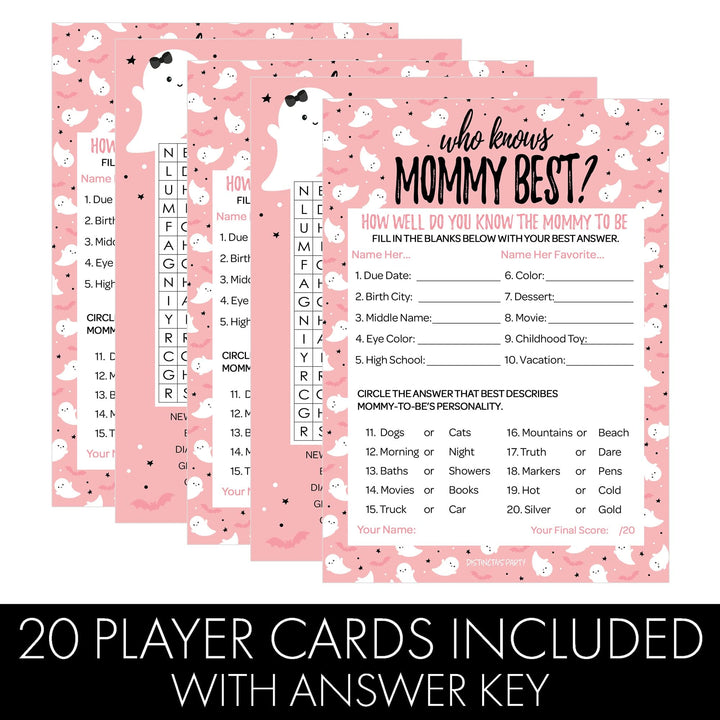 Little Boo: Pink - Baby Shower Game  - Fall Word Search and Who Knows Mommy Best - Two Game Bundle - 20 Dual Sided Cards - Distinctivs Party