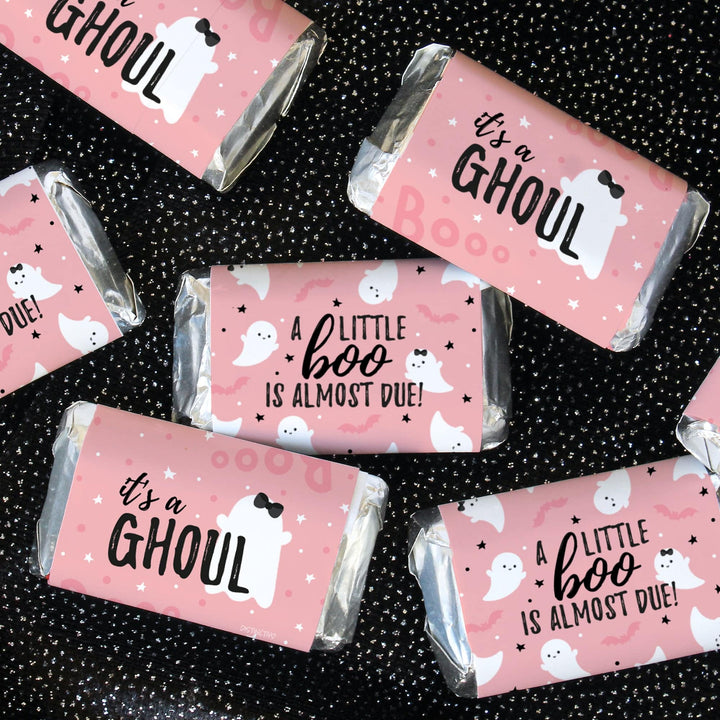 Little Boo: Pink - Girl Baby Shower -Fall Hershey's Miniatures Candy Bar Wrappers Stickers - 45 Stickers - Distinctivs Party
