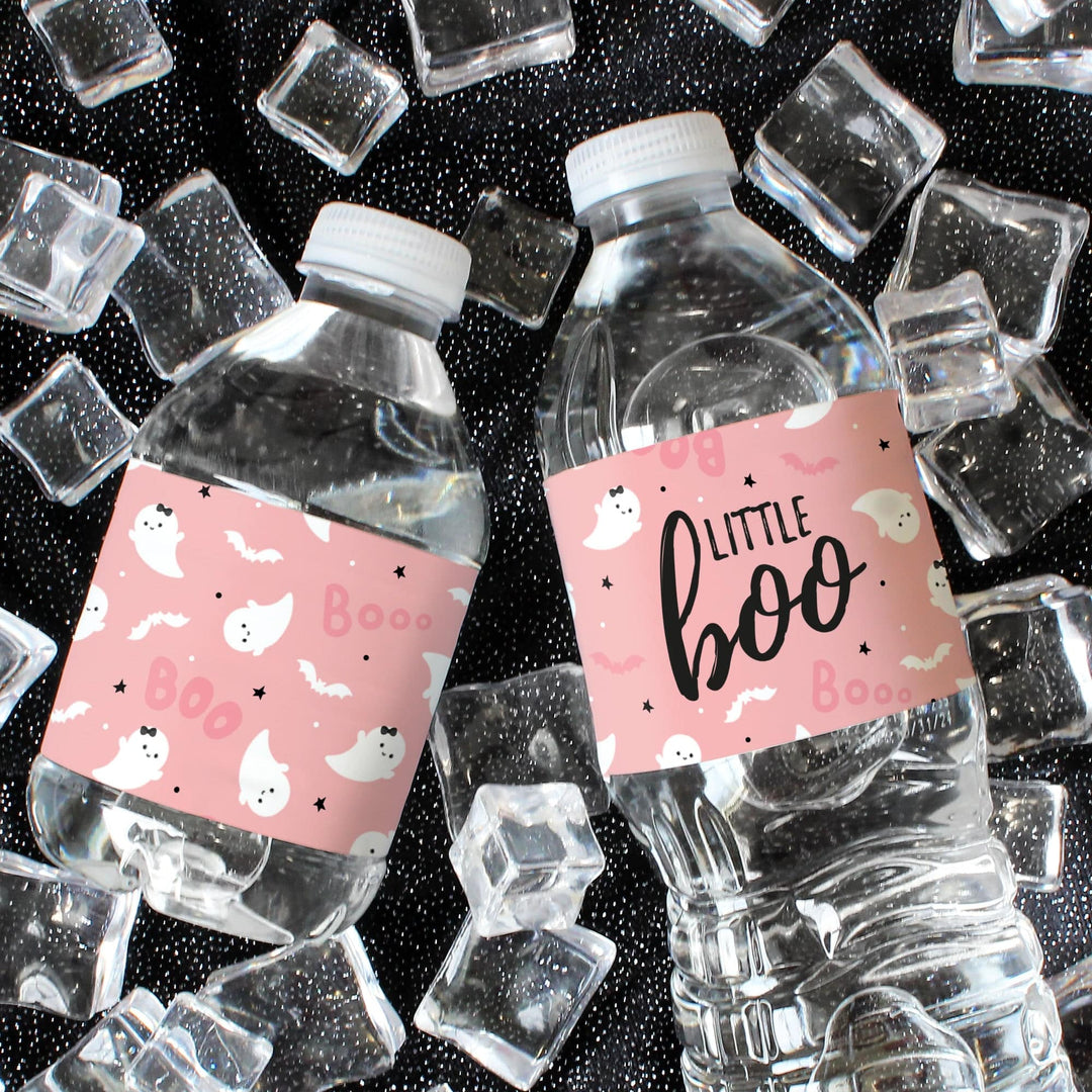 Little Boo: Pink - Girl Baby Shower- Fall Water Bottle Label Stickers - 24 Waterproof Stickers - Distinctivs Party