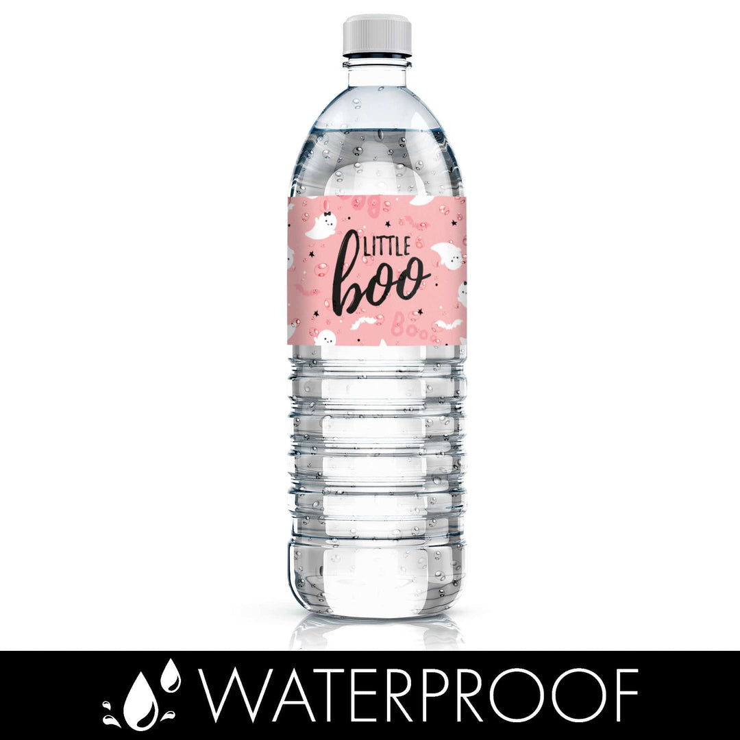 Little Boo: Pink - Girl Baby Shower- Fall Water Bottle Label Stickers - 24 Waterproof Stickers - Distinctivs Party