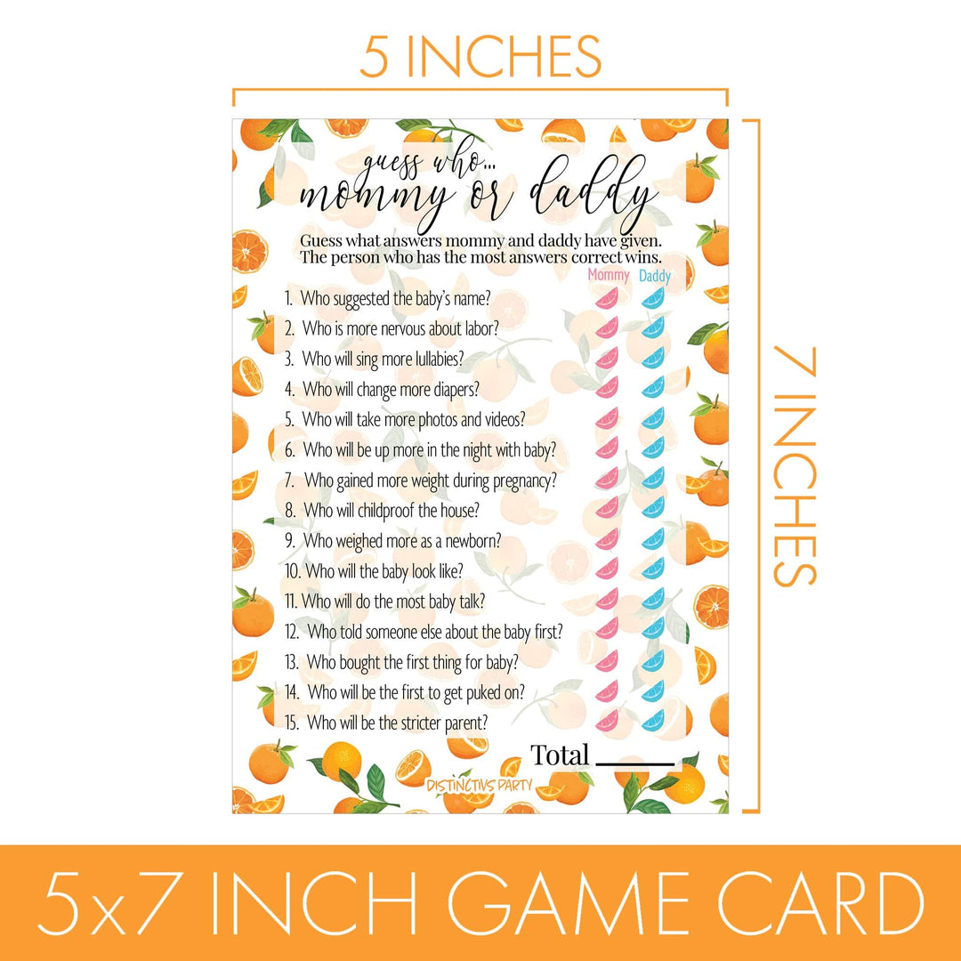 Little Cutie:  Baby Shower Game - "Guess Who Mommy or Daddy" and All Things Orange - Two Game Bundle - 20 Dual Sided Cards - Distinctivs Party