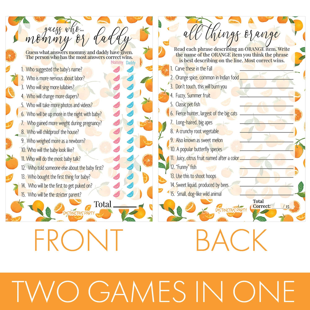 Little Cutie:  Baby Shower Game - "Guess Who Mommy or Daddy" and All Things Orange - Two Game Bundle - 20 Dual Sided Cards - Distinctivs Party