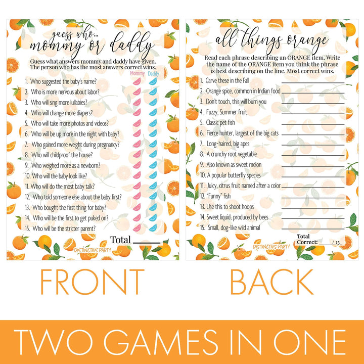 Little Cutie:  Baby Shower Game - "Guess Who Mommy or Daddy" and All Things Orange - Two Game Bundle - 20 Dual Sided Cards - Distinctivs Party