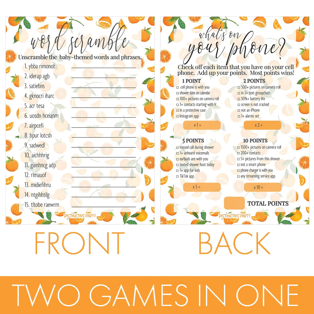 Little Cutie: Baby Shower Game - What's On Your Phone and Word Scramble - Two Game Bundle  - 20 Dual Sided Cards - Distinctivs Party