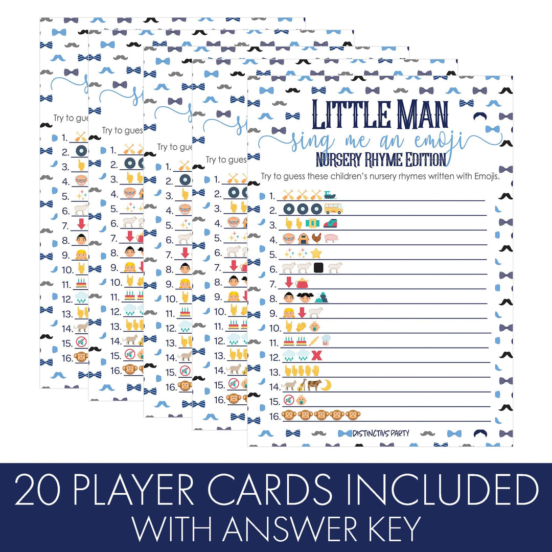 Little Man: Baby Shower Game -  Nursery Rhyme Emoji Game Cards - Boy, Bowtie - 20 Cards - Distinctivs Party