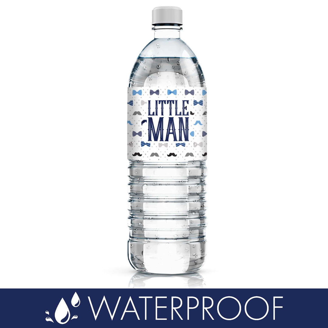 Little Man: Baby Shower - Water Bottle Labels - Boy, Bowtie - 24 Waterproof Stickers - Distinctivs Party