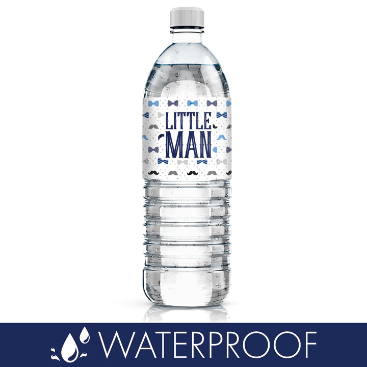 Little Man: Baby Shower - Water Bottle Labels - Boy, Bowtie - 24 Waterproof Stickers - Distinctivs Party