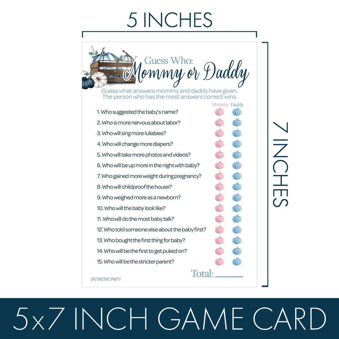 Little Pumpkin: Blue - Baby Shower Game Bundle - "Guess Who" Mommy or Daddy and All Things Fall - Boy -  2 Sided Game - 20 Cards - Distinctivs Party