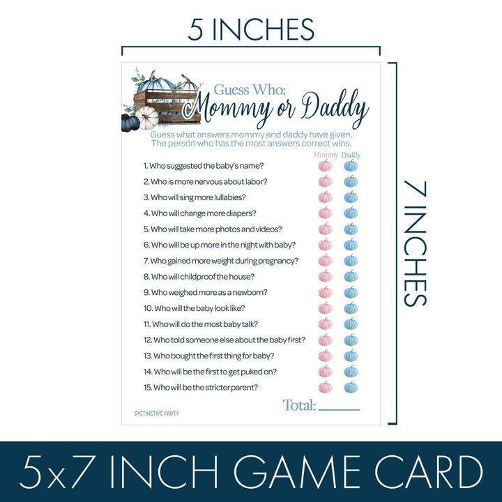 Little Pumpkin: Blue - Baby Shower Game Bundle - "Guess Who" Mommy or Daddy and All Things Fall - Boy -  2 Sided Game - 20 Cards - Distinctivs Party