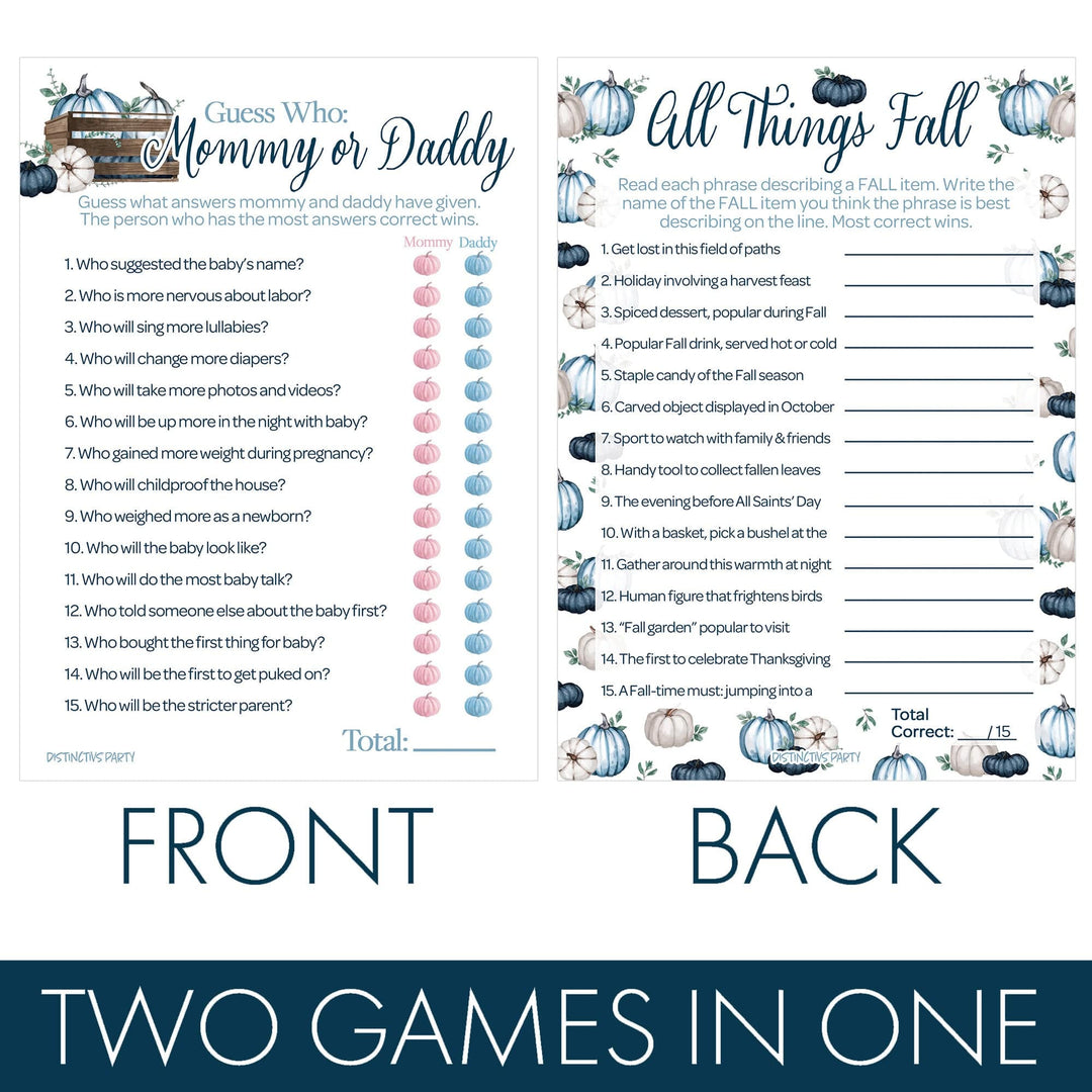 Little Pumpkin: Blue - Baby Shower Game Bundle - "Guess Who" Mommy or Daddy and All Things Fall - Boy -  2 Sided Game - 20 Cards - Distinctivs Party