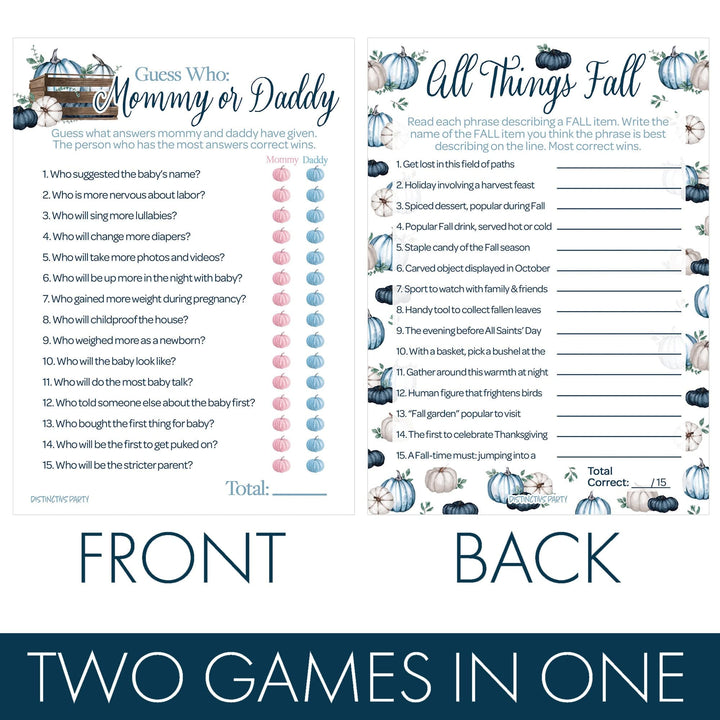 Little Pumpkin: Blue - Baby Shower Game Bundle - "Guess Who" Mommy or Daddy and All Things Fall - Boy -  2 Sided Game - 20 Cards - Distinctivs Party
