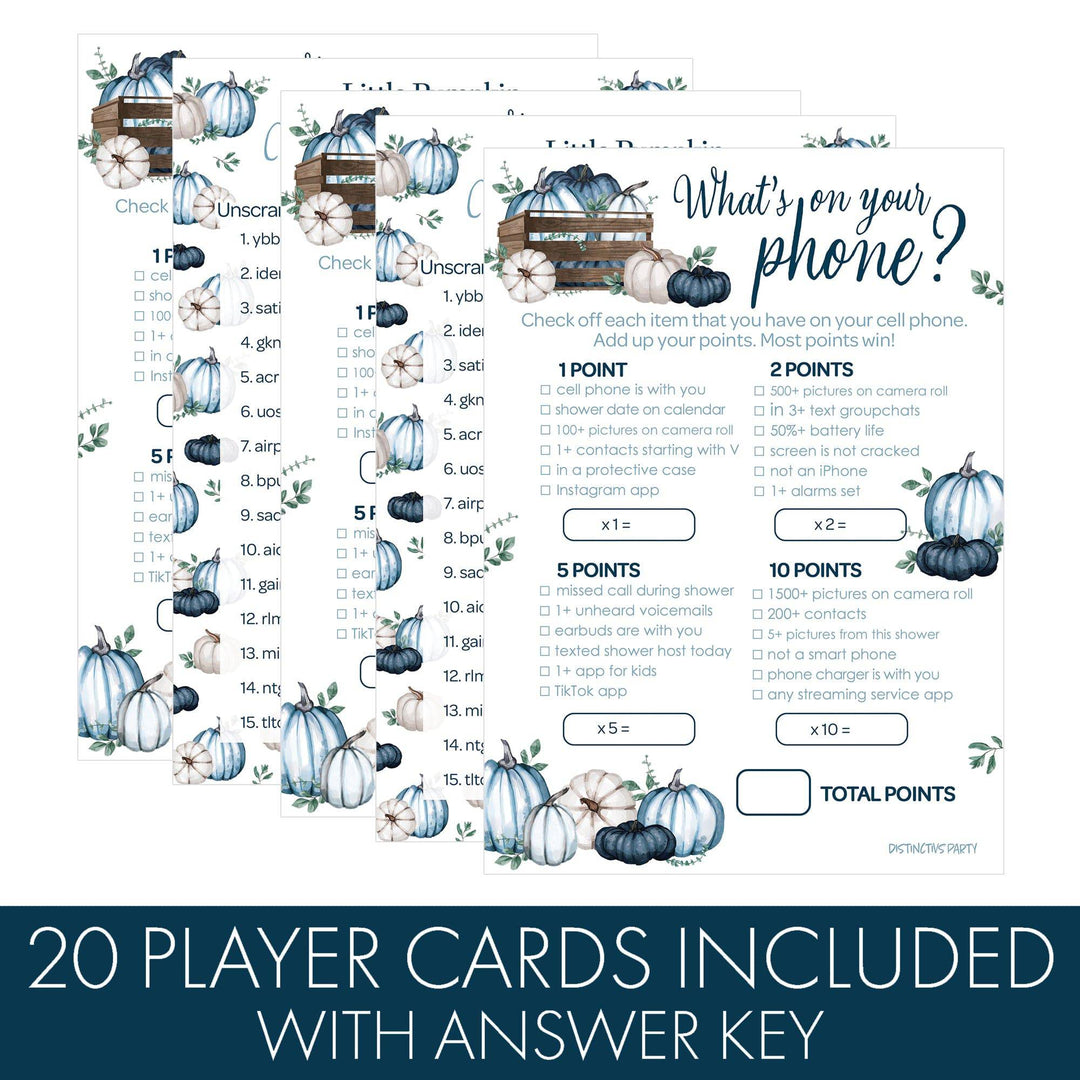Little Pumpkin: Blue - Baby Shower Game Bundle - What's On Your Phone and Word Scramble - 2 Sided Game  - Fall, Boy - 20 Cards - Distinctivs Party