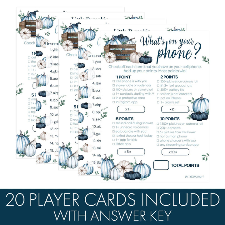 Little Pumpkin: Blue - Baby Shower Game Bundle - What's On Your Phone and Word Scramble - 2 Sided Game  - Fall, Boy - 20 Cards - Distinctivs Party
