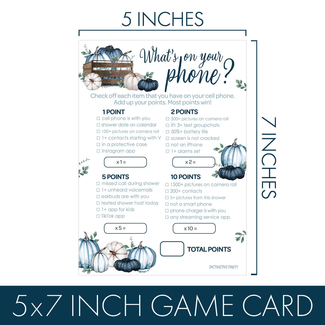 Little Pumpkin: Blue - Baby Shower Game Bundle - What's On Your Phone and Word Scramble - 2 Sided Game  - Fall, Boy - 20 Cards - Distinctivs Party