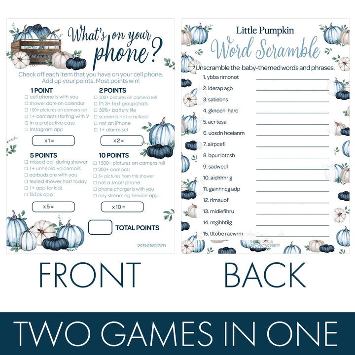 Little Pumpkin: Blue - Baby Shower Game Bundle - What's On Your Phone and Word Scramble - 2 Sided Game  - Fall, Boy - 20 Cards - Distinctivs Party