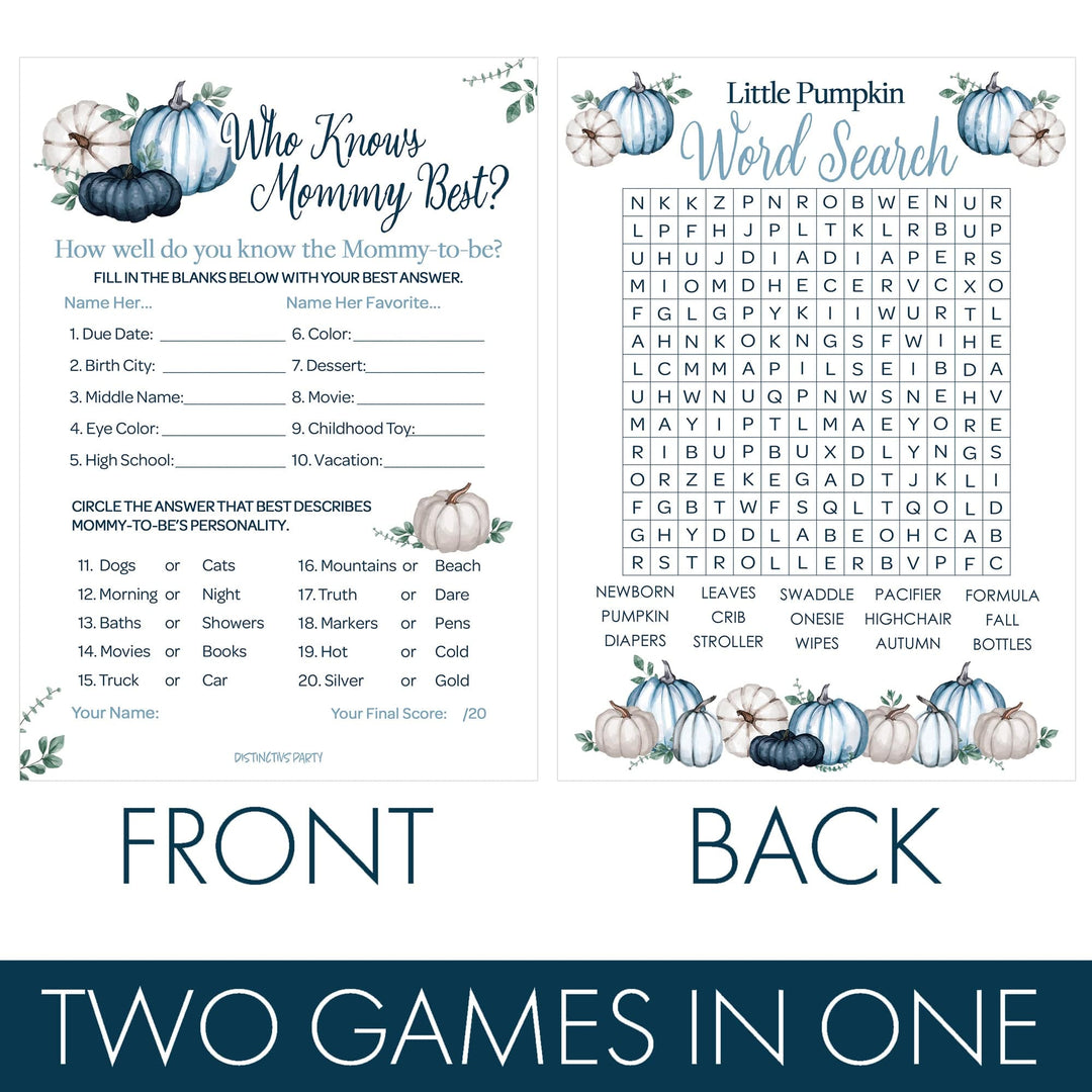 Little Pumpkin: Blue - Baby Shower Game Bundle - Word Search and Who Knows Mommy Best - 2 Sided Game  - Fall, Boy - 20 Cards - Distinctivs Party