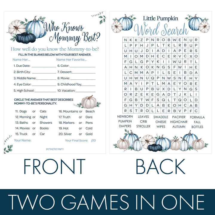 Little Pumpkin: Blue - Baby Shower Game Bundle - Word Search and Who Knows Mommy Best - 2 Sided Game  - Fall, Boy - 20 Cards - Distinctivs Party