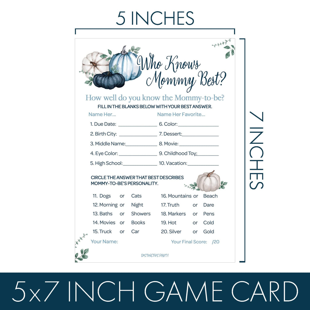 Little Pumpkin: Blue - Baby Shower Game Bundle - Word Search and Who Knows Mommy Best - 2 Sided Game  - Fall, Boy - 20 Cards - Distinctivs Party