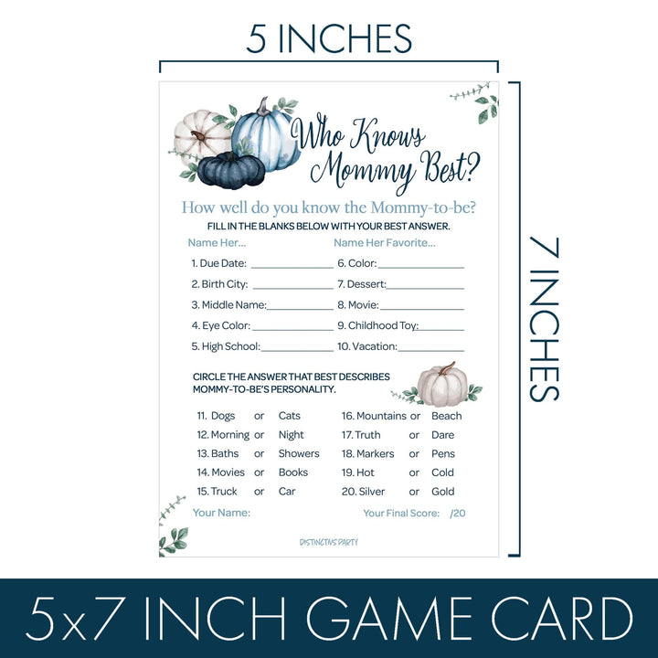 Little Pumpkin: Blue - Baby Shower Game Bundle - Word Search and Who Knows Mommy Best - 2 Sided Game  - Fall, Boy - 20 Cards - Distinctivs Party