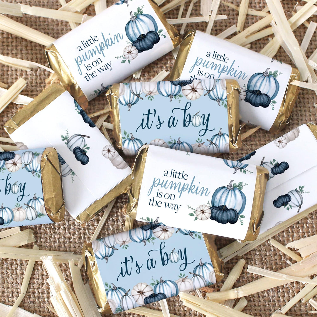 Little Pumpkin: Blue - Boy Baby Shower-Hershey's Miniatures Candy Bar Wrappers Stickers - 45 Stickers - Distinctivs Party