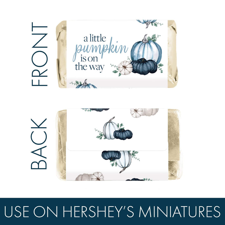 Little Pumpkin: Blue - Boy Baby Shower-Hershey's Miniatures Candy Bar Wrappers Stickers - 45 Stickers - Distinctivs Party