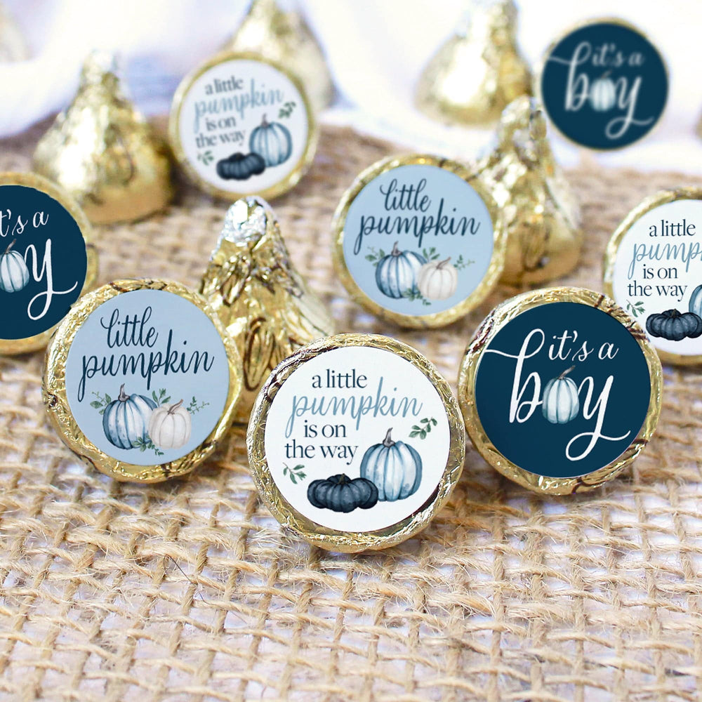 Little Pumpkin: Blue - Boy Baby Shower - Party Favor Stickers-  Fits on Hershey's Kisses - 180 Stickers - Distinctivs Party