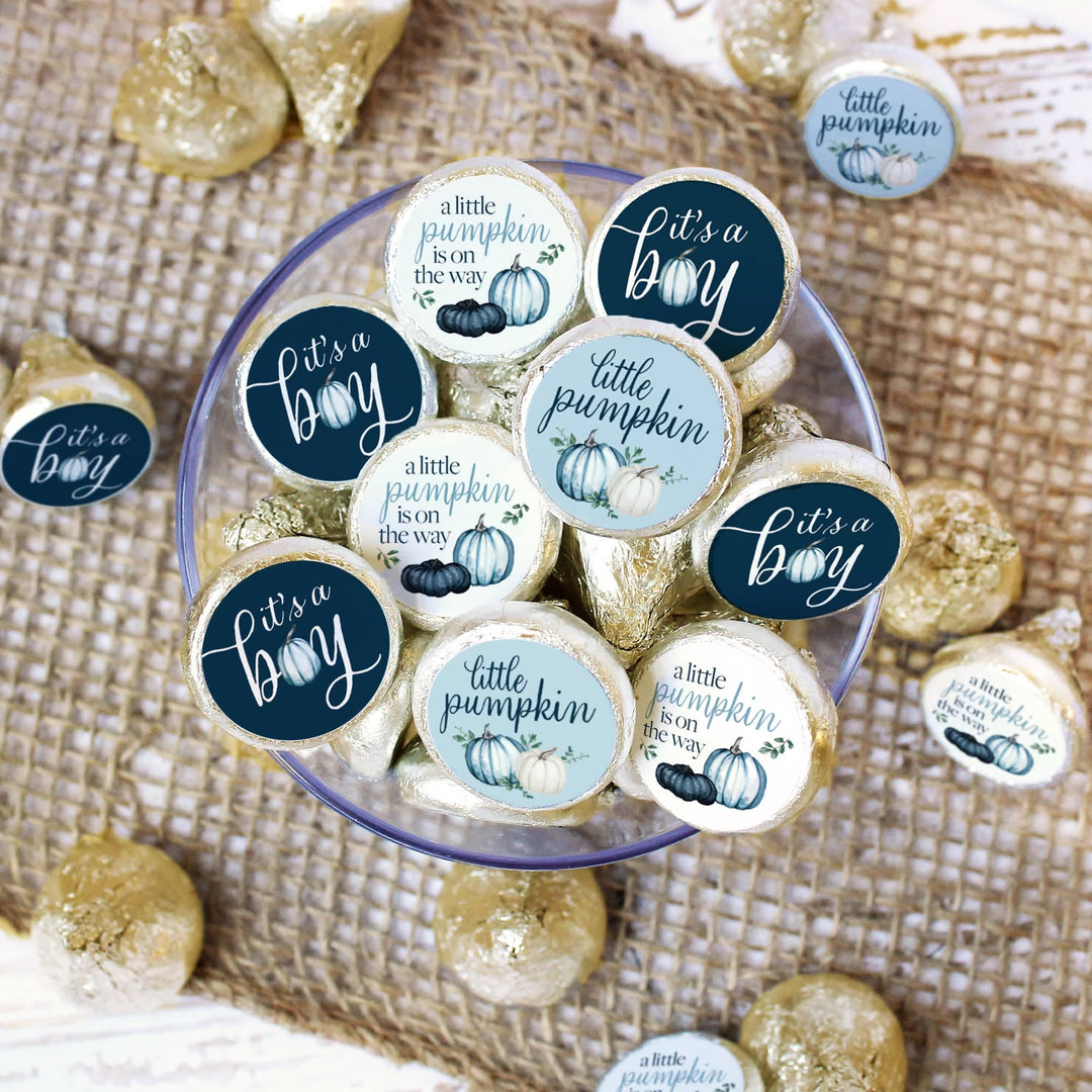 Little Pumpkin: Blue - Boy Baby Shower - Party Favor Stickers-  Fits on Hershey's Kisses - 180 Stickers - Distinctivs Party