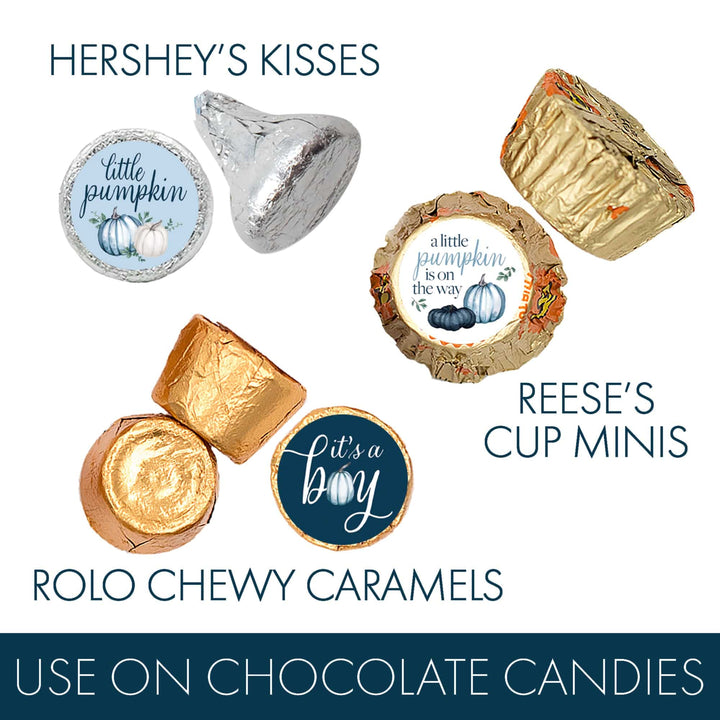 Little Pumpkin: Blue - Boy Baby Shower - Party Favor Stickers-  Fits on Hershey's Kisses - 180 Stickers - Distinctivs Party