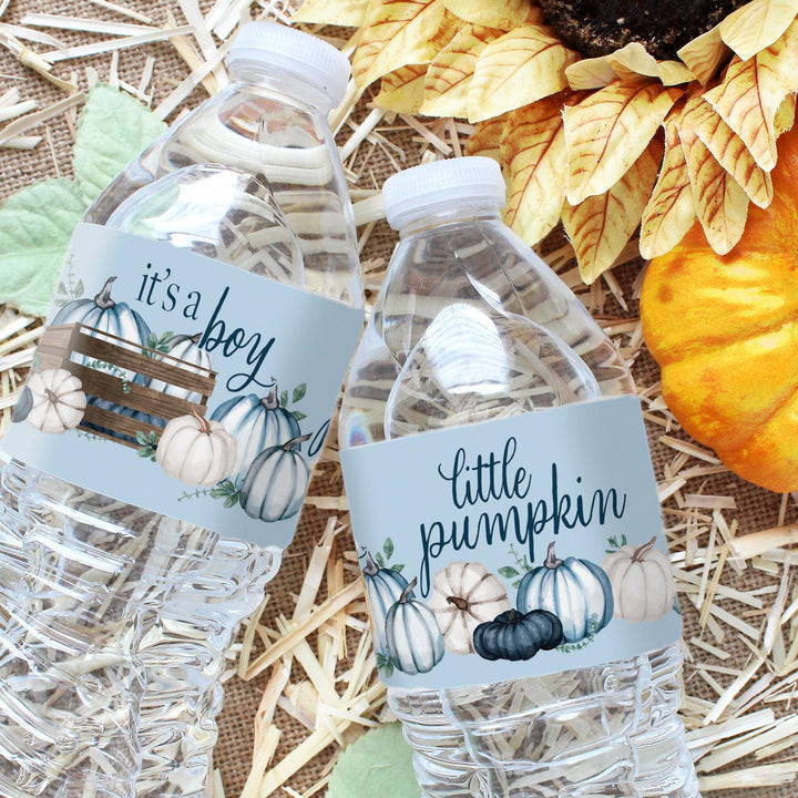 Little Pumpkin: Blue - Boy Baby Shower- Water Bottle Label Stickers - 20 Waterproof Stickers - Distinctivs Party