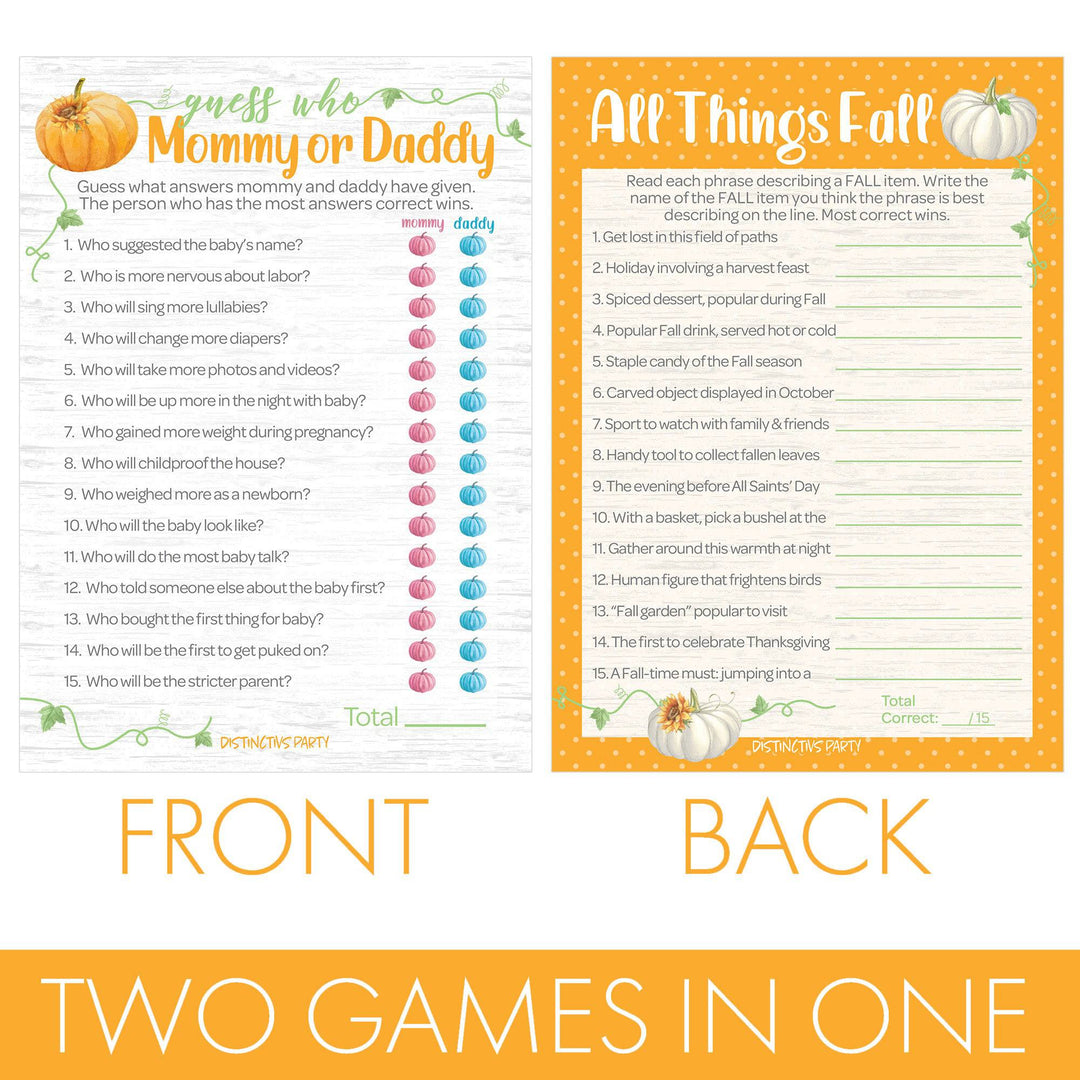 Little Pumpkin: Orange -  Baby Shower Game - "Guess Who" Mommy or Daddy and All things Fall Party Activity - Two Game Bundle - 20 Dual Sided Cards - Distinctivs Party