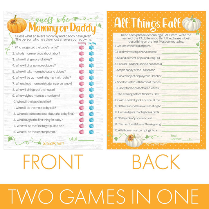 Little Pumpkin: Orange -  Baby Shower Game - "Guess Who" Mommy or Daddy and All things Fall Party Activity - Two Game Bundle - 20 Dual Sided Cards - Distinctivs Party