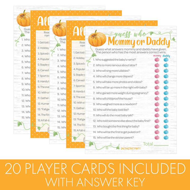 Little Pumpkin: Orange -  Baby Shower Game - "Guess Who" Mommy or Daddy and All things Fall Party Activity - Two Game Bundle - 20 Dual Sided Cards - Distinctivs Party