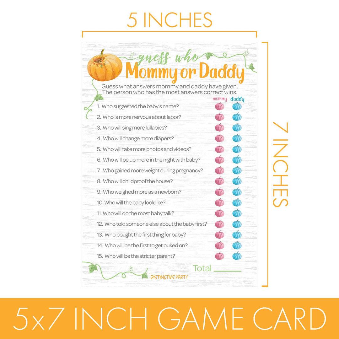 Little Pumpkin: Orange -  Baby Shower Game - "Guess Who" Mommy or Daddy and All things Fall Party Activity - Two Game Bundle - 20 Dual Sided Cards - Distinctivs Party