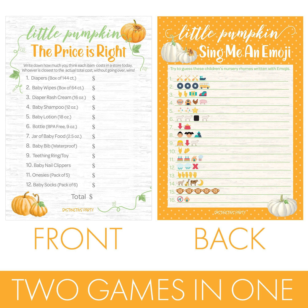 Little Pumpkin: Orange -  Baby Shower Game - Price is Right and Emoji Party Activity - Two Game Bundle - 20 Dual Sided Cards - Distinctivs Party