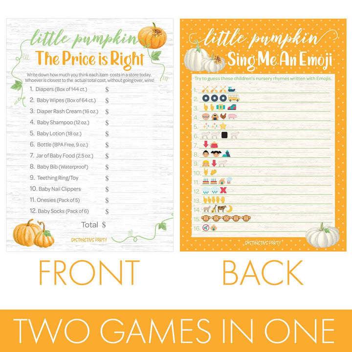 Little Pumpkin: Orange -  Baby Shower Game - Price is Right and Emoji Party Activity - Two Game Bundle - 20 Dual Sided Cards - Distinctivs Party