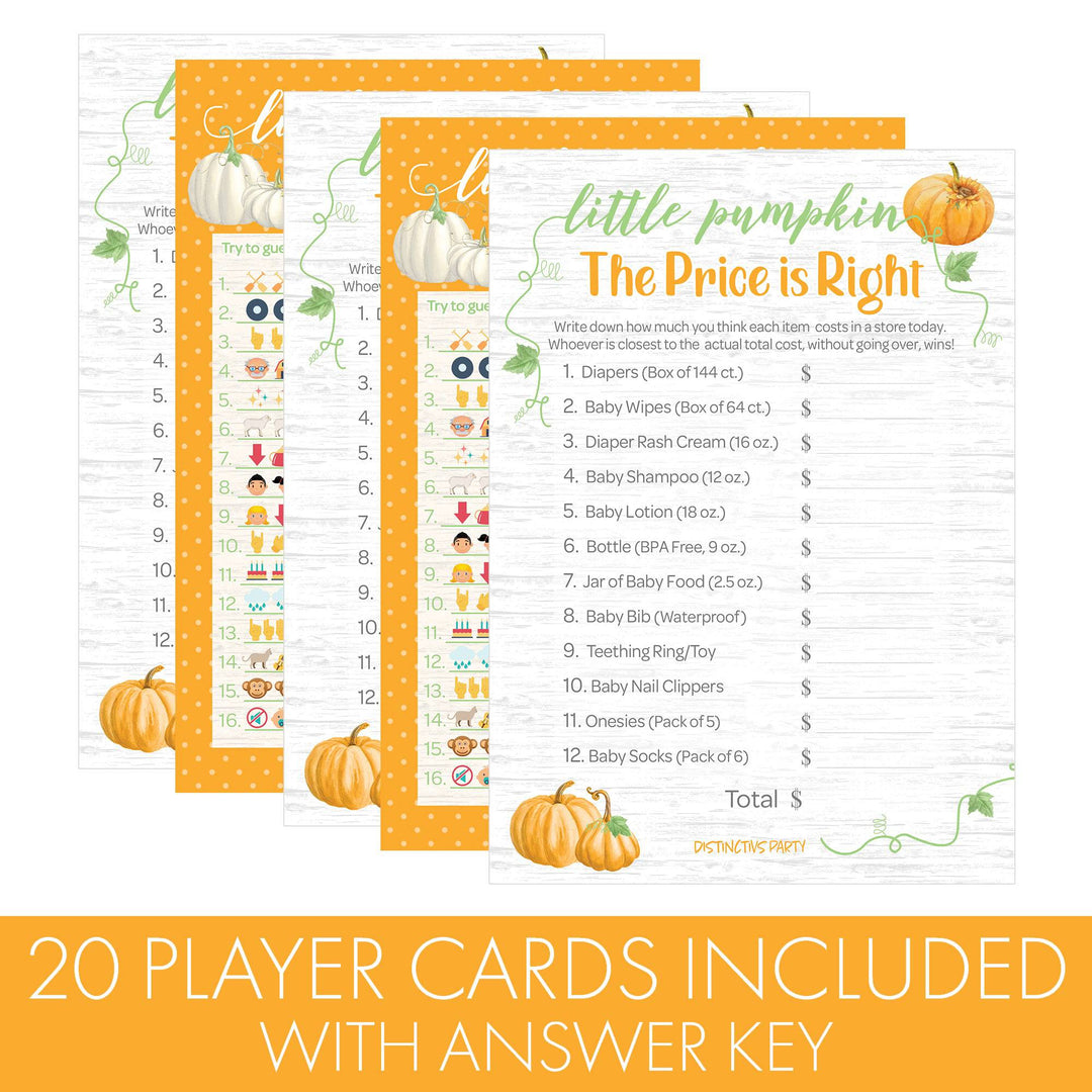 Little Pumpkin: Orange -  Baby Shower Game - Price is Right and Emoji Party Activity - Two Game Bundle - 20 Dual Sided Cards - Distinctivs Party