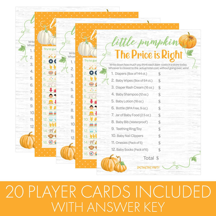 Little Pumpkin: Orange -  Baby Shower Game - Price is Right and Emoji Party Activity - Two Game Bundle - 20 Dual Sided Cards - Distinctivs Party