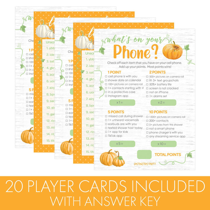 Little Pumpkin: Orange -  Baby Shower Game  - What's On Your Phone and Word Scramble - Two Game Bundle - 20 Dual Sided Cards - Distinctivs Party