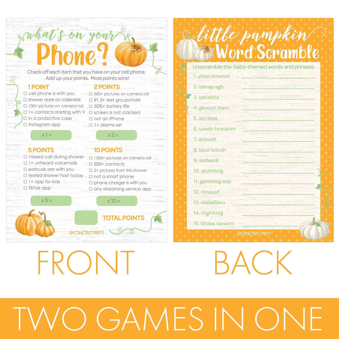 Little Pumpkin: Orange -  Baby Shower Game  - What's On Your Phone and Word Scramble - Two Game Bundle - 20 Dual Sided Cards - Distinctivs Party