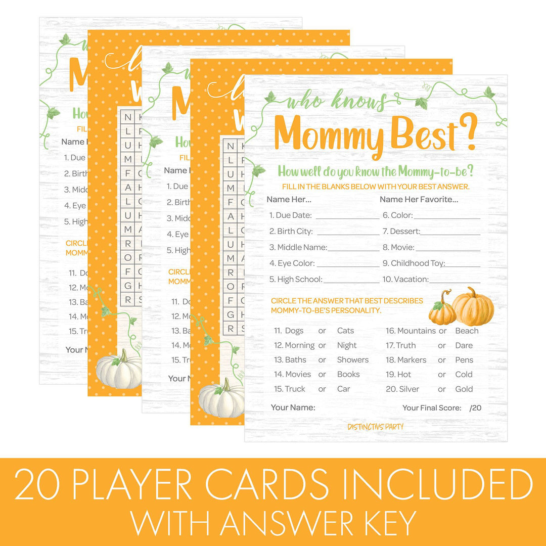 Little Pumpkin: Orange - Baby Shower Game - Word Search and Who Knows Mommy Best Party Activity - Two Game Bundle - 20 Dual Sided Cards - Distinctivs Party
