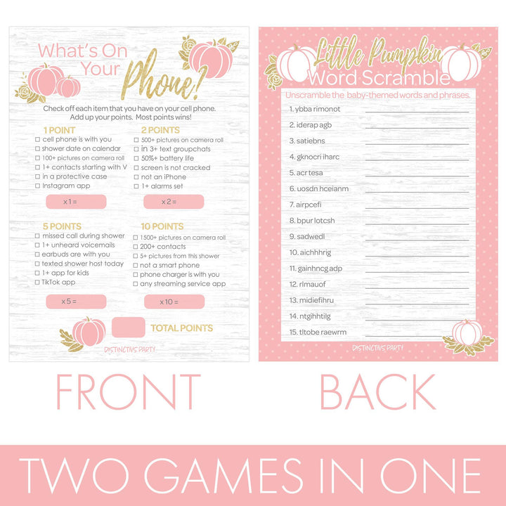 Little Pumpkin: Pink & Gold -  Baby Shower Game -  What's On Your Phone and Word Scramble Party Activity - Two Game Bundle -  Fall, Girl - 20 Dual Sided Cards - Distinctivs Party