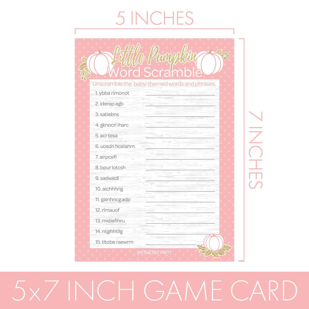 Little Pumpkin: Pink & Gold -  Baby Shower Game -  What's On Your Phone and Word Scramble Party Activity - Two Game Bundle -  Fall, Girl - 20 Dual Sided Cards - Distinctivs Party