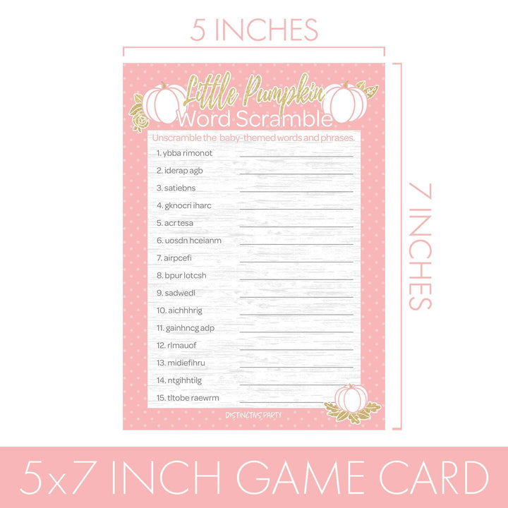 Little Pumpkin: Pink & Gold -  Baby Shower Game -  What's On Your Phone and Word Scramble Party Activity - Two Game Bundle -  Fall, Girl - 20 Dual Sided Cards - Distinctivs Party
