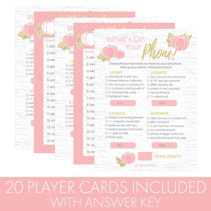 Little Pumpkin: Pink & Gold -  Baby Shower Game -  What's On Your Phone and Word Scramble Party Activity - Two Game Bundle -  Fall, Girl - 20 Dual Sided Cards - Distinctivs Party