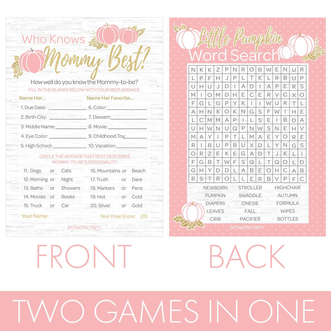 Little Pumpkin: Pink & Gold - Baby Shower Game - Word Search and Who Knows Mommy Best Party Activity - Two Game Bundle  - Fall, Girl - 20 Dual Sided Cards - Distinctivs Party