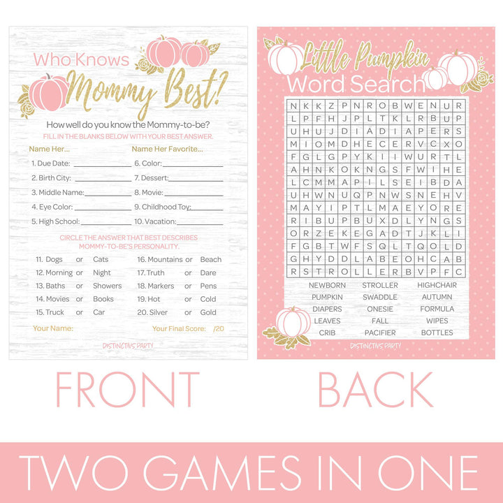 Little Pumpkin: Pink & Gold - Baby Shower Game - Word Search and Who Knows Mommy Best Party Activity - Two Game Bundle  - Fall, Girl - 20 Dual Sided Cards - Distinctivs Party