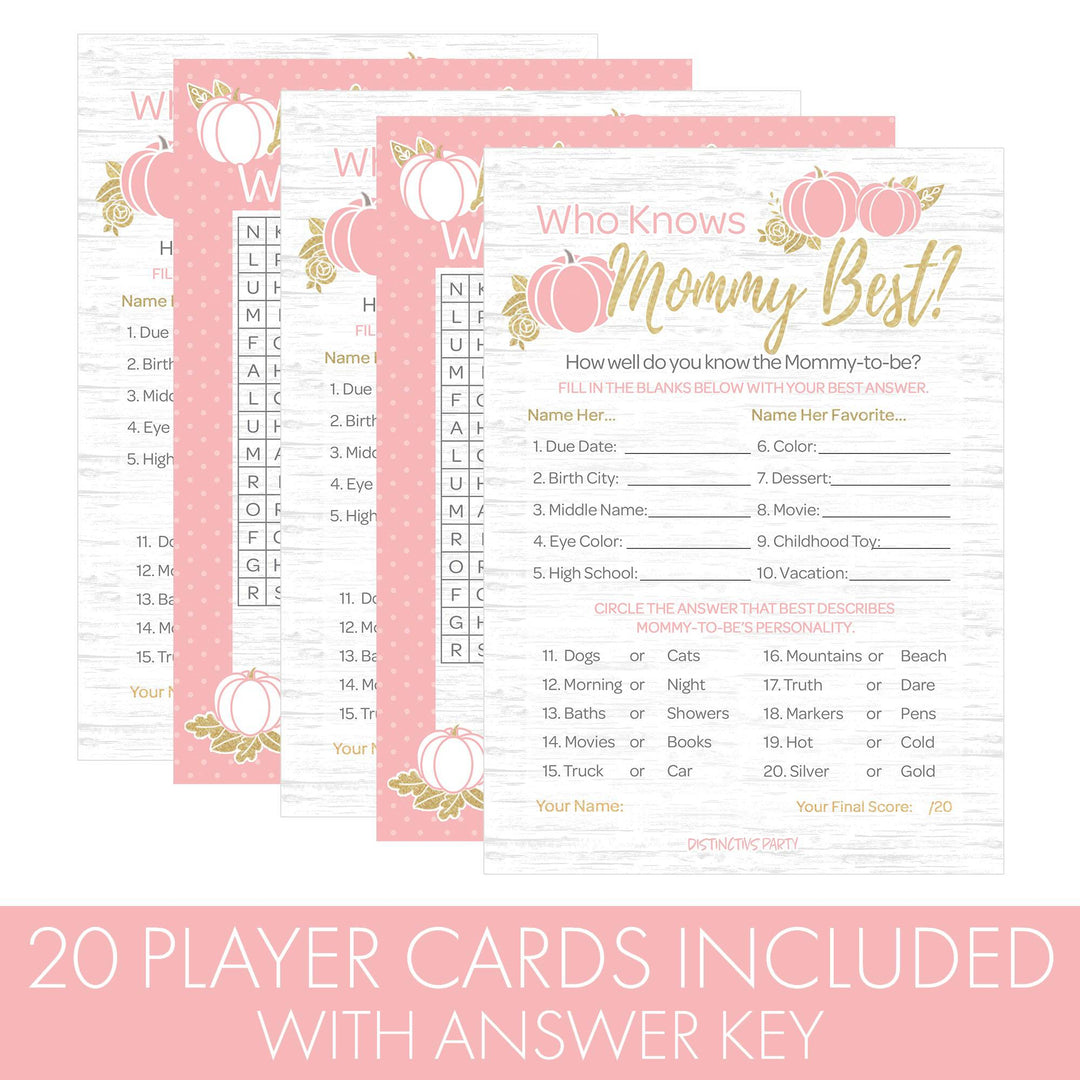 Little Pumpkin: Pink & Gold - Baby Shower Game - Word Search and Who Knows Mommy Best Party Activity - Two Game Bundle  - Fall, Girl - 20 Dual Sided Cards - Distinctivs Party